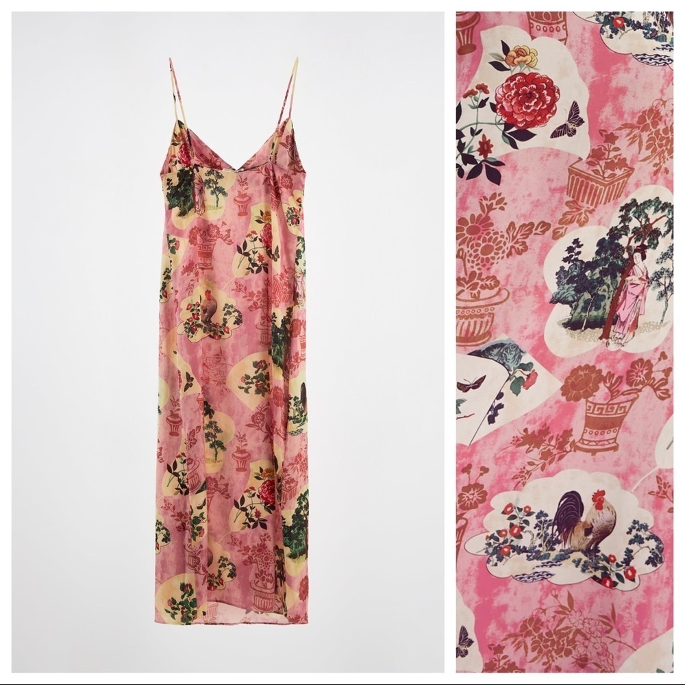 NWT. Zara Pink Printed Midi Dress with V-neckline. Size S. - Picture 8 of 11